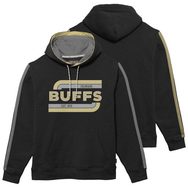 A black hoodie with Buffs written in bold, gold and gray print across the center. Also has gray and gold lines above and below with Colorado and Est. 1876 written. Gold and gray stripes on sleeves.