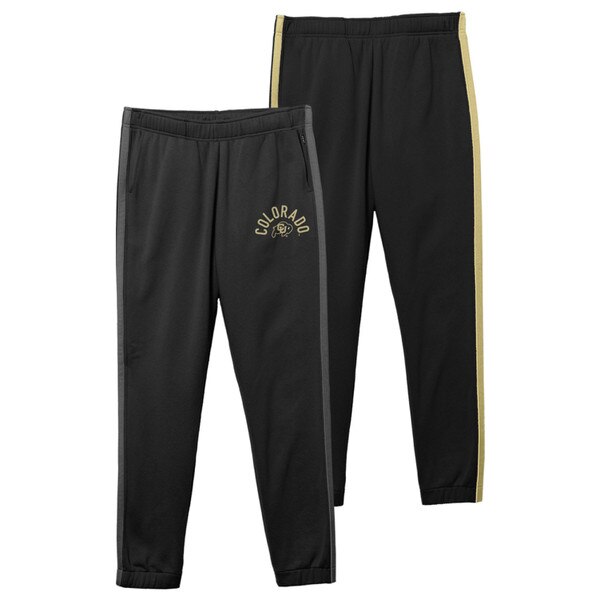 Black sweatpants with "Colorado" arched over the CU Buffalo logo in vegas gold on the top left. Also features a gray and gold stripe on each leg.