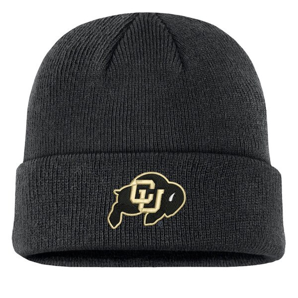 Front view of black cuffed knit beanie with CU Buffaloes logo embroidered on the cuff