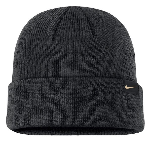 Front view of black cuffed knit beanie with gold Nike Swoosh tag on the cuff
