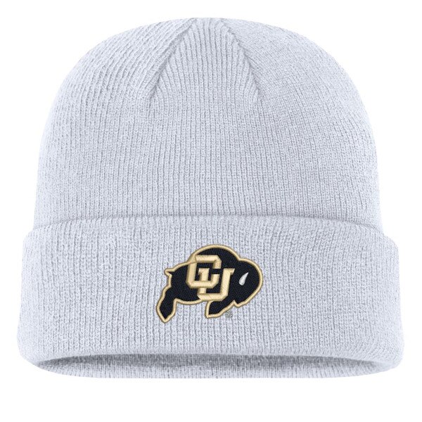 Front view of light gray cuffed beanie with embroidered CU Buffaloes logo on the cuff