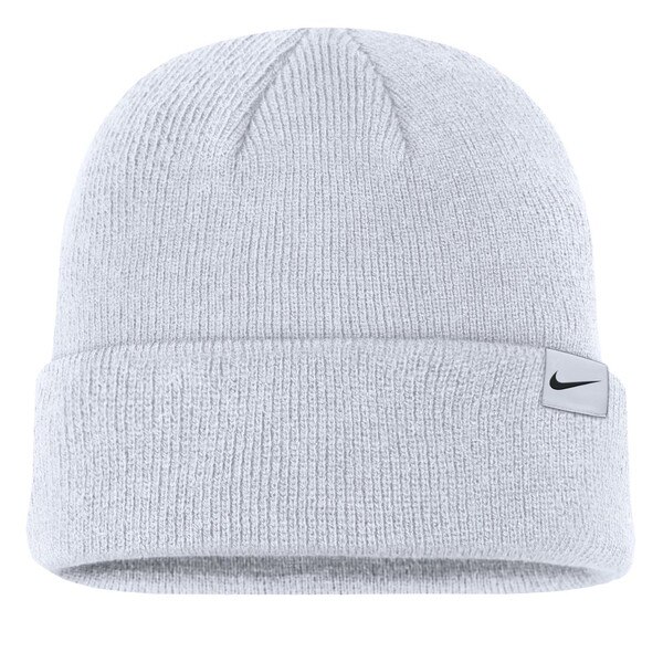 Back view of light gray cuffed beanie with woven Nike logo tag on the cuff