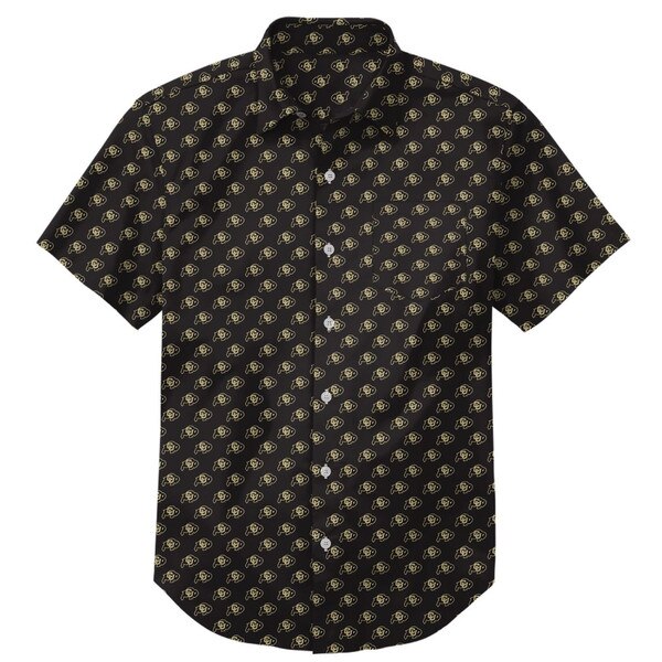 This is a black men's button down. It has an all over print of mini black and gold C.U. Buffalo logos.