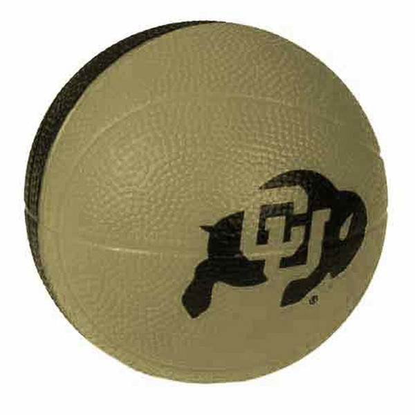A mini Vegas Gold and black foam basketball with a black C-U Buffalo logo on the gold side.