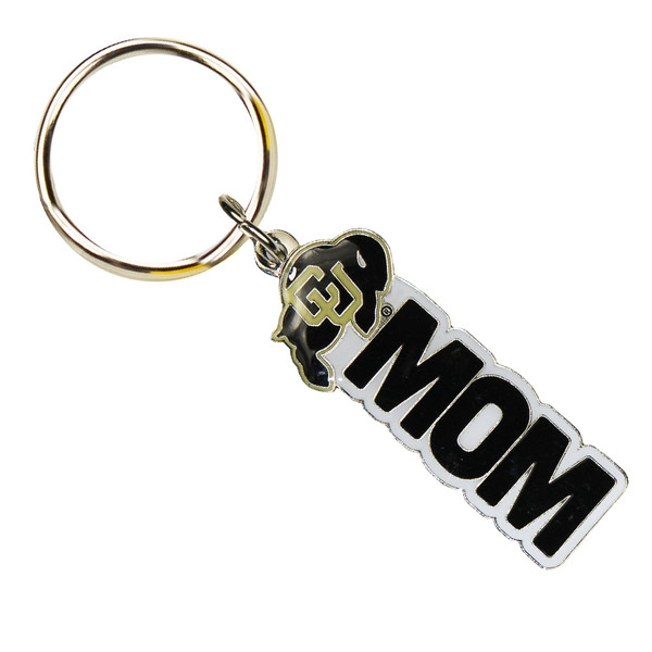 A Colorado Buffaloes Mom keychain with black, white, and Vegas Gold accents.