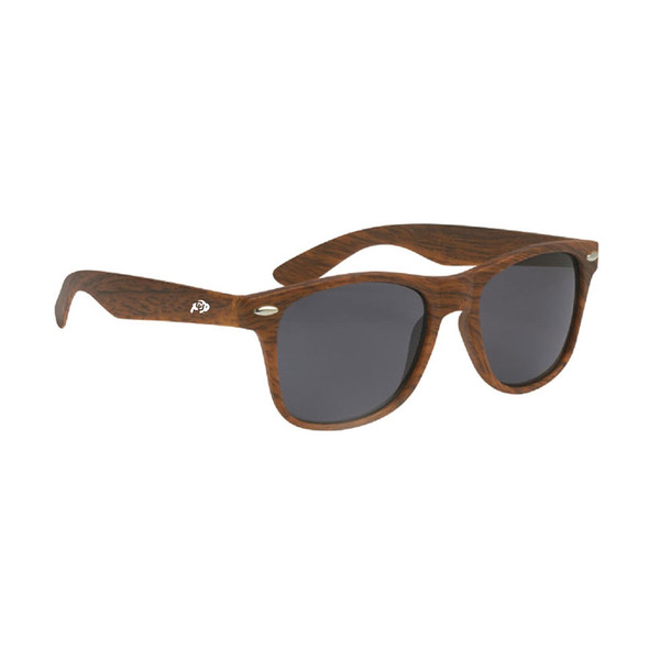 Brown wood-grained printed sunglasses with a small silver C-U Buffalo logo on the temple.