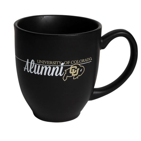 A black mug with "University of Colorado" in block Vegas Gold lettering with Alumni in white script underneath, with a C-U Buffalo logo to the right.