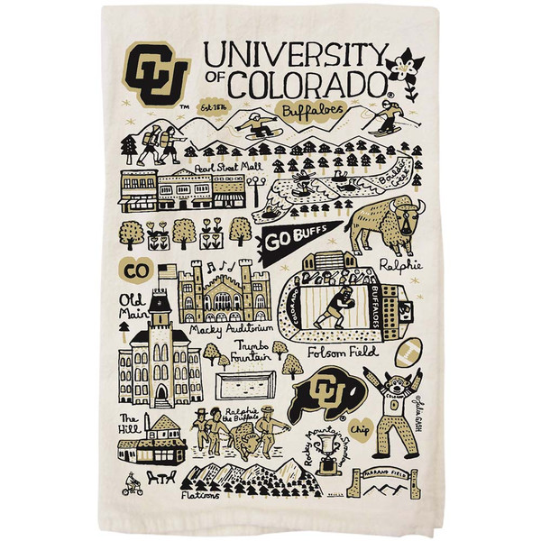 A University of Colorado canvas tote bag with black and vegas gold doodles of CU Boulder attractions.