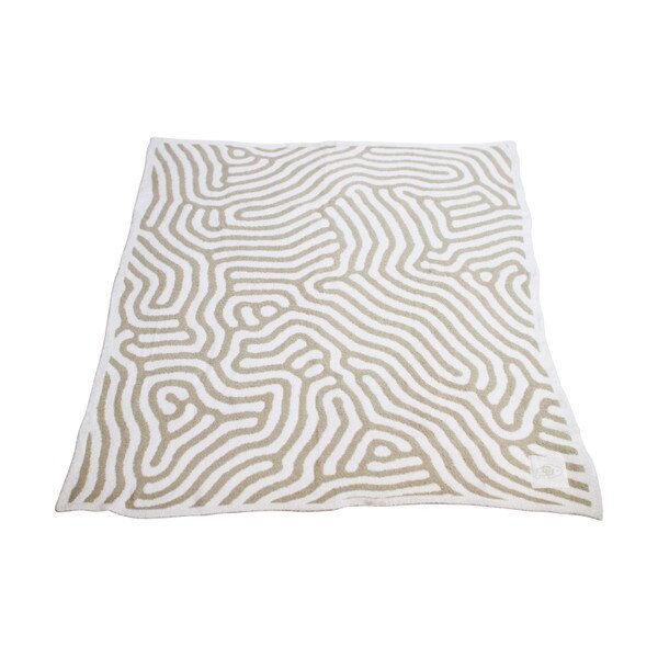 A white and tan blanket with tan lines in a squiggly pattern. Also includes a white CU Buffalo patch