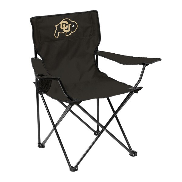 This is a black folding chair with a large black and gold C.U. buffalo logo on the chair back. The Chair itself and the legs are black. There are stoppers on the bottom.