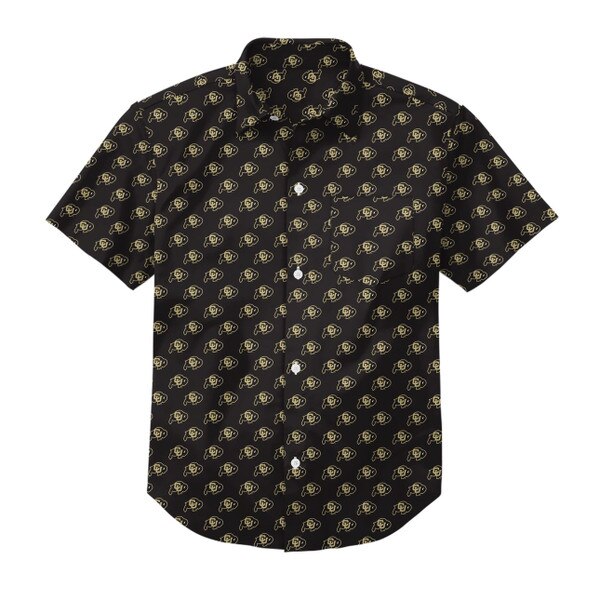This is a black youth button down. It has an all over print of mini black and gold CU Buffalo logos.