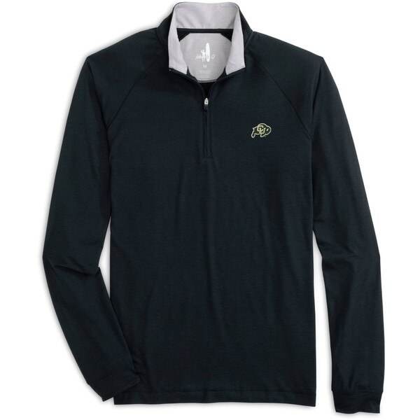 A black men's Johnnie-O freeborne performance quarter-zip pullover with C.U buffalo logo.