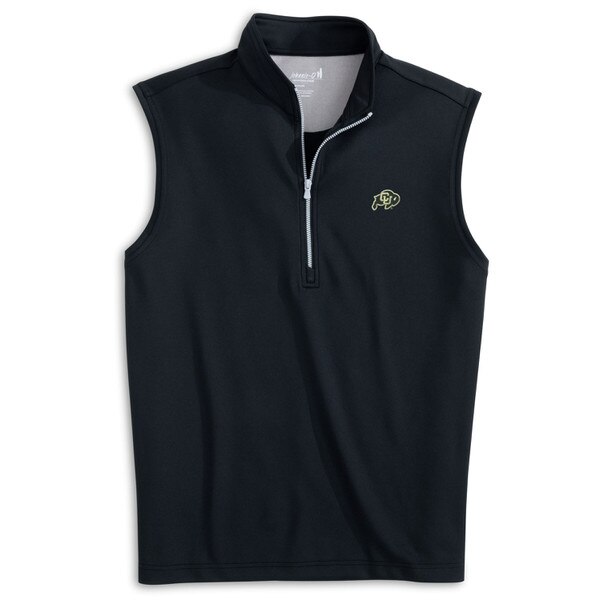 This is a black, zip up vest. There is a small black and gold C.U. buffalo logo on the left chest. It is collared, and the zipper is grey.