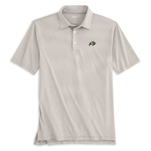 A tan men's Jonnie-O striped lyndon performance polo shirt with C.U buffalo logo on left chest.