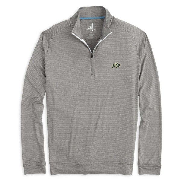 A tan men's Johnnie-O vaughn striped performance quarter-zip pullover with C.U buffalo logo on left chest.
