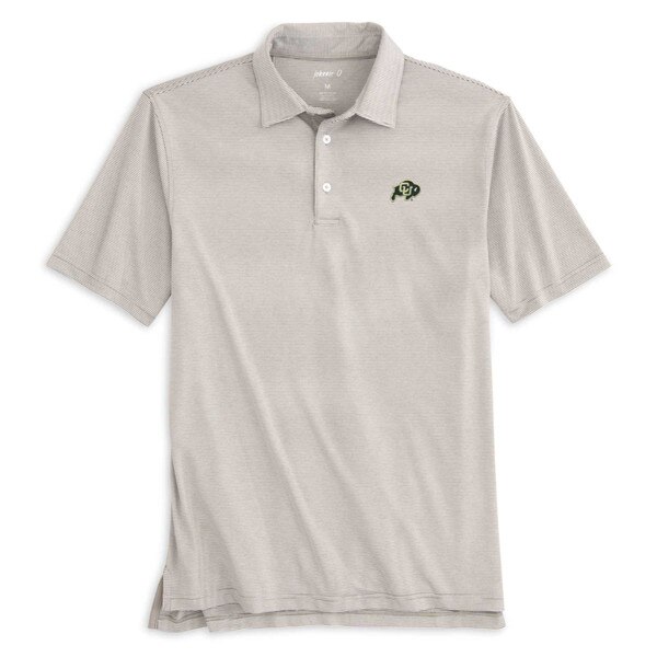 A tan youth Jonnie-O striped lyndon performance polo shirt with C.U buffalo logo on left chest.