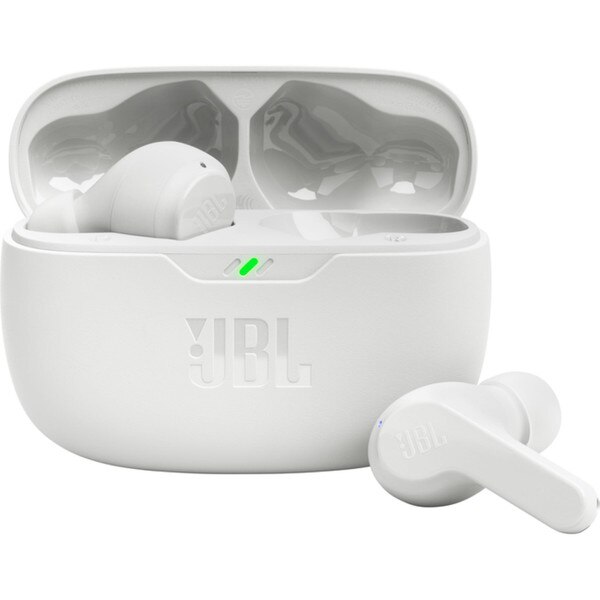 White JBL earbuds in a white case with the JBL logo on the front.