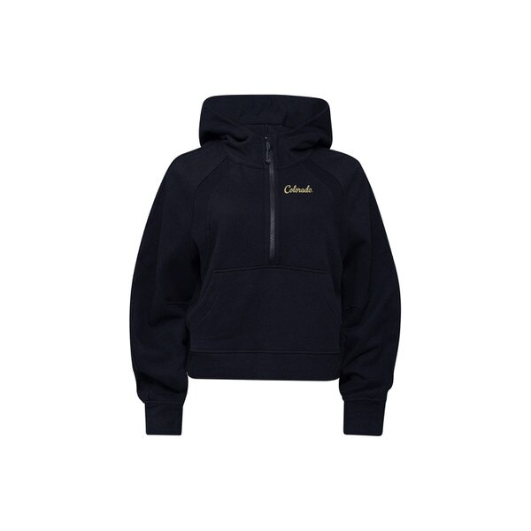 A black half zip hoodie with one big front pocket and "Colorado" written in cursive on the left corner of the chest.