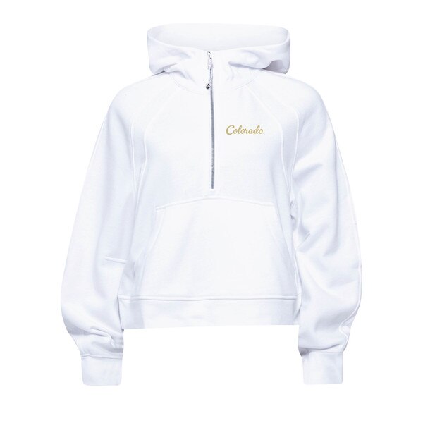 A white half zip hoodie with one big front pocket and "Colorado" written in cursive on the left corner of the chest.