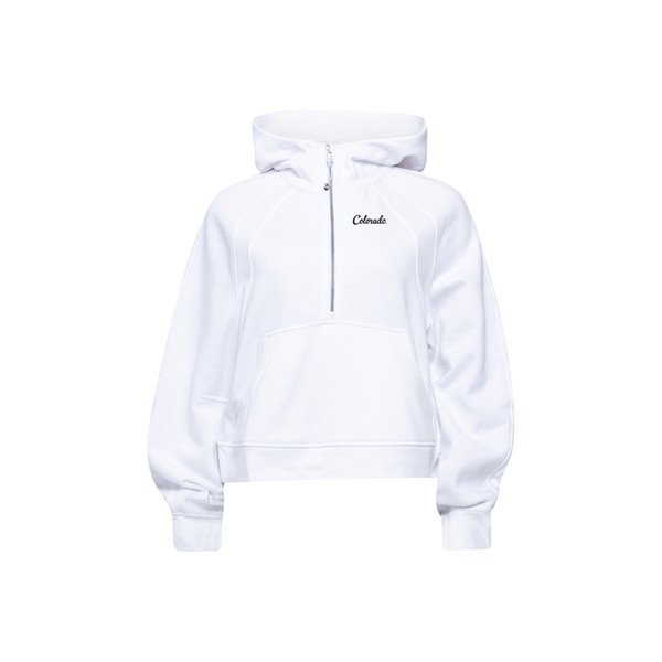 A white half zip hoodie with one big front pocket and "Colorado" written in cursive on the left corner of the chest.