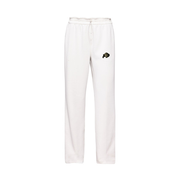 A pair of off-white, straight leg pants with an adjustable waist. There is a CU buffalo logo adorning the upper front left leg.