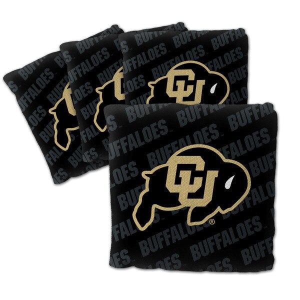 Set of four CU Buffaloes cornhole bags featuring black fabric with repeating Buffs logo and text pattern.