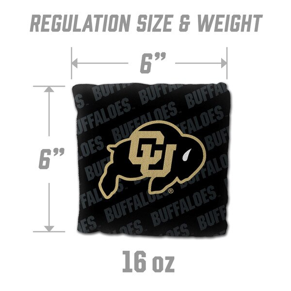 CU Buffaloes regulation-size cornhole bag measuring 6 inches by 6 inches, weighing 16 ounces, with black fabric and gold team logo.