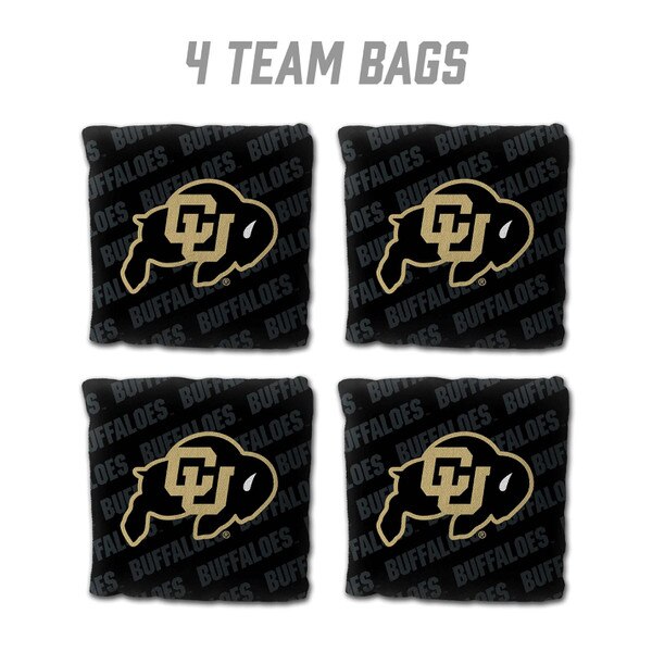 Set of four CU Buffaloes cornhole bags with black fabric, gold team logo, and 'Buffaloes' text pattern.