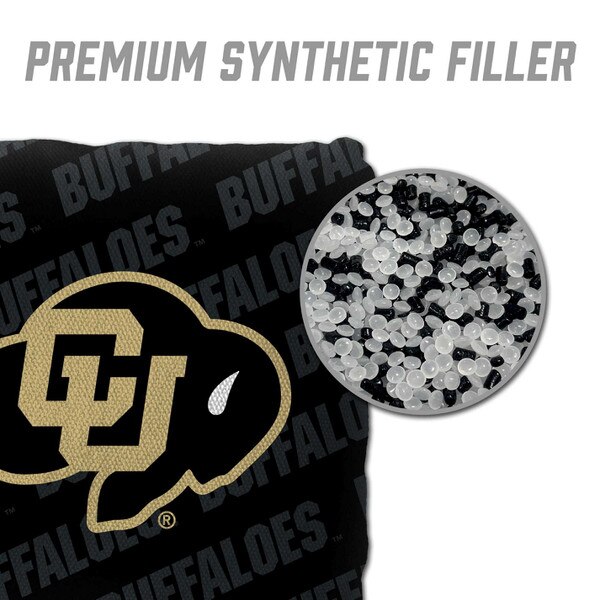 Close-up of CU Buffaloes cornhole bag with black and gold logo, featuring premium synthetic filler of black and white resin pellets.