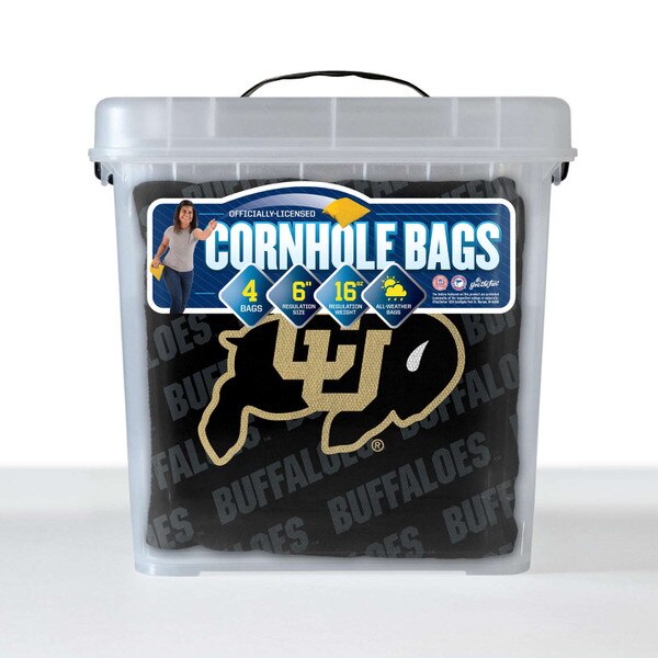 CU Buffaloes cornhole bags in a clear storage container with label displaying regulation size, weight, and all-weather durability.