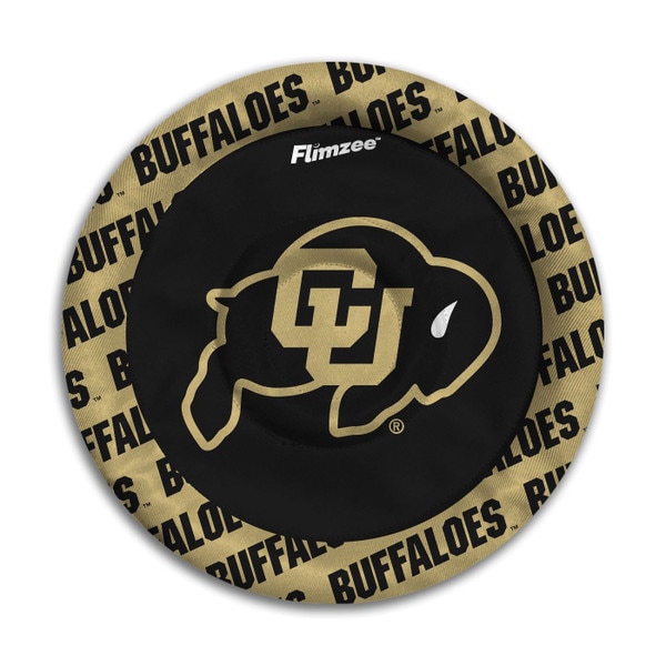 This is the front of the flying disk. It is mostly black with a black and Gold Cu Buffalo logo in the center. The outer rim is covered in "Buffaloes" text in black font. The rim itself is vegas gold.