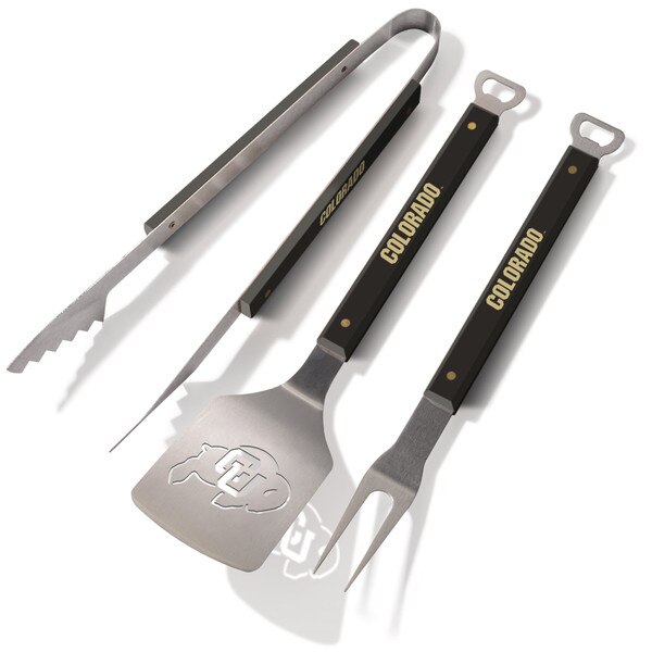 This is a pack of three grilling tools. The handles of all are black, and the "Colorado" text on it is Vegas Gold. The tongs have spiked edges. The metal on the tools is silver.