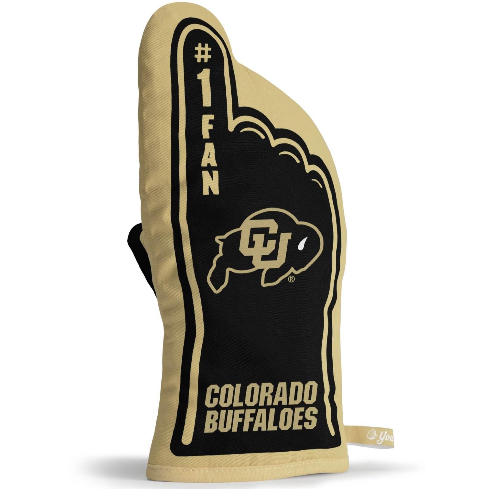 A black and gold oven mitt featuring a cu buffalo logo, number 1 fan, and colorado buffaloes in print.