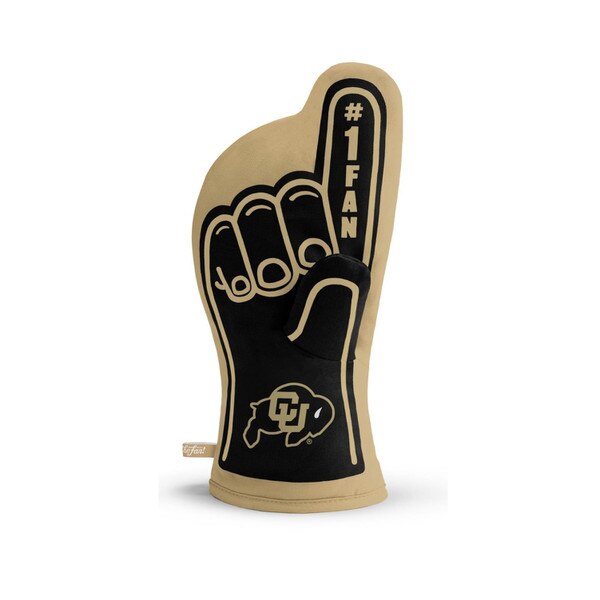 The back of the mitt which shows the outlining of all the fingers and keeps the "number one fan" and ralphie logos. The thumb hole also has an outlining of a finger.