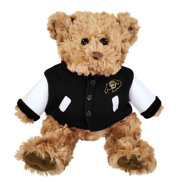 A brown, soft Mascot Factory plush bear with a black and white varsity jacket with C.U buffalo logo on left chest.