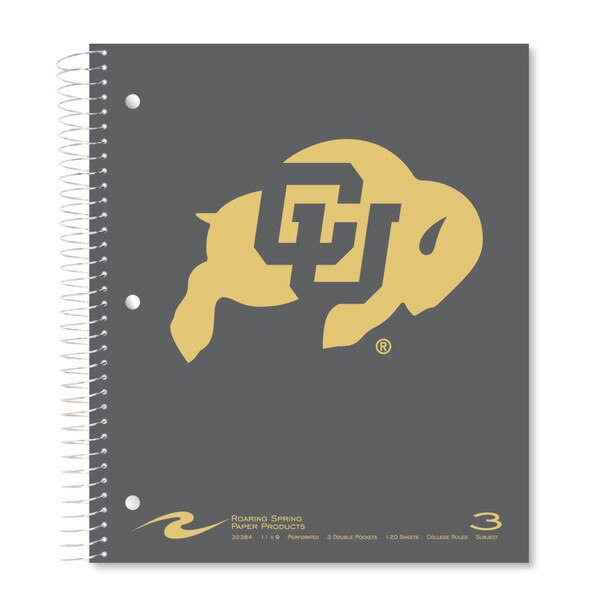 A gray spiral notebook with the CU Buffalo logo in gold.