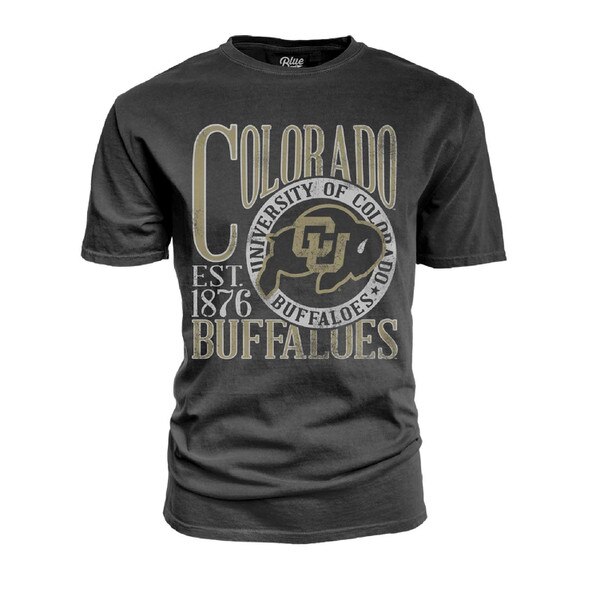 This is a charcoal tee shirt that says Colorado in bolded yellow letters on top, and Buffaloes on the bottom in the same font. The establishment year is on the right side in white.