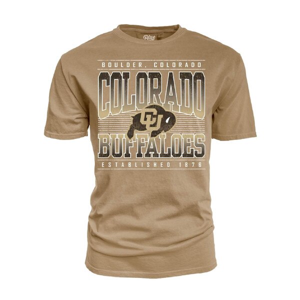 This shirt is tan. The CU Buffalo logo is black and gold. The Very top and low bottom text is white with grey lines on top and bottom. Colorado Buffaloes is black and gold gradient.