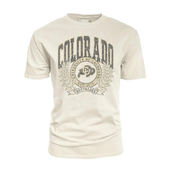 This is an Ivory T-shirt. The main design is a huge Colorado arched over a university establishment year seal with a laurel around it. Black and Gold are the colors used, and they are distressed.