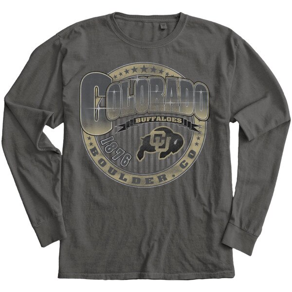 Grey long sleeve with circle design with "Colorado" written in bold bubble letters and "Buffaloes" in a banner underneath with "1876" and CU Buffalo logo inside the circle and "Boulder, CO".