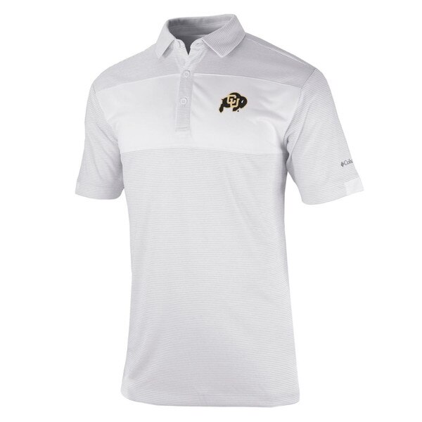A white lightly striped collared button-up polo with a C-U Buffalo patch on the left chest.