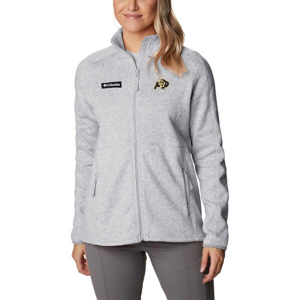 A gray columbia fullzip women's jacket with C.U buffalo logo and two side zip pockets.