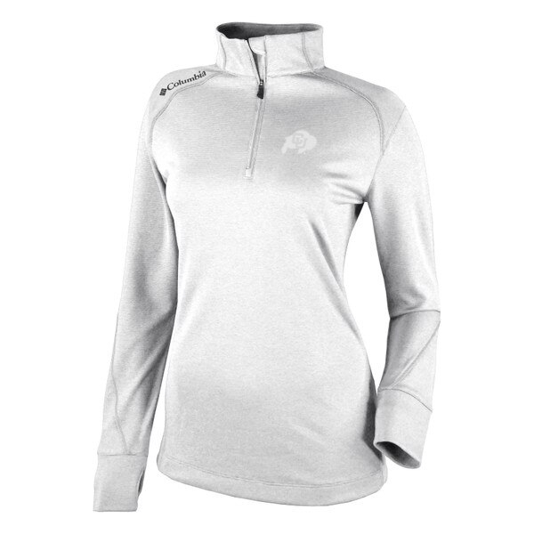 A white quarter zip pullover with the CU Buffalo logo embroidered in white on the left chest. It also has the Columbia logo across the right shoulder.
