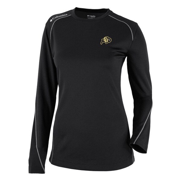 This is a black shirt with a CU buffalo logo on the left chest, the shoulders exhibit white contrast stitching.