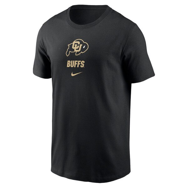 A black t-shirt that has the iconic CU Buffalo logo in black and gold above "Buffs" written in bold gold print and the Nike logo.