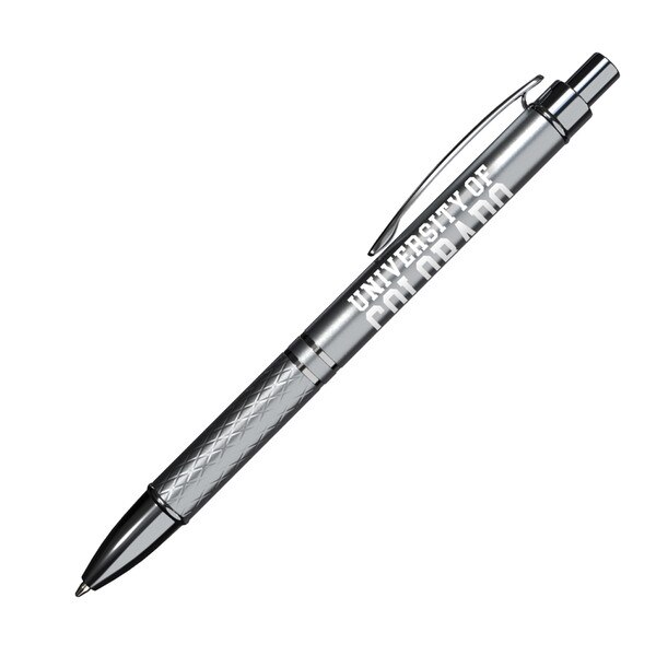 A silver ballpoint pen that says University of Colorado in white.