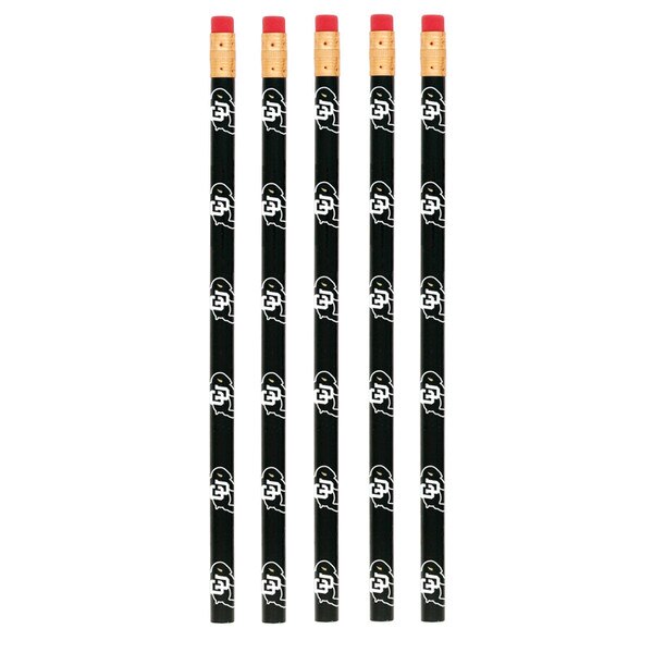 Five black pencils with mini CU Buffalo logos in white.