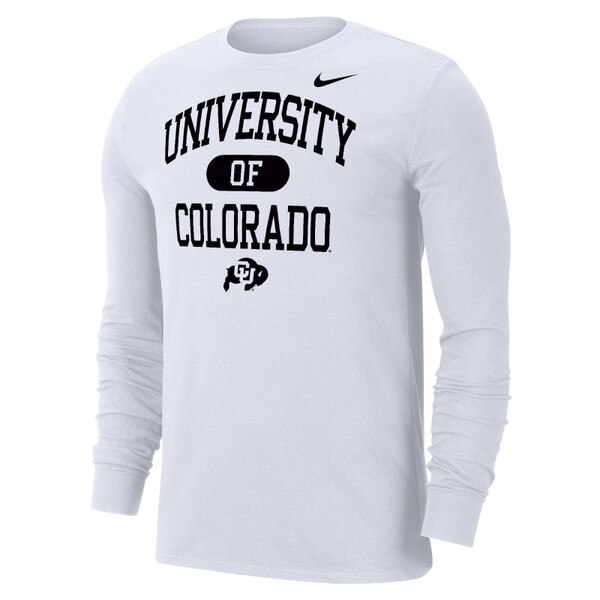 This is a white shirt with University of Colorado printed on the front in bold lettering. Underneath there is a small black CU Buffalo logo. There is a small nike swoosh at the top of the left chest.