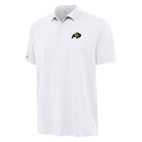 White CU Buffaloes polo shirt with embroidered CU logo on left chest, featuring three-button placket and Antigua branding on sleeve