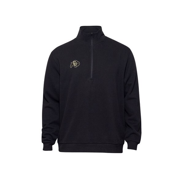 A black sweatshirt with a half zip that has the CU Buffalo logo embroidered on the right chest.